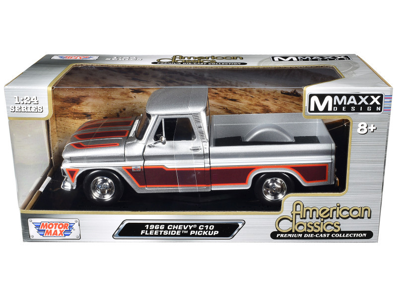 1966 Chevrolet C10 Fleetside Pickup Truck Silver Metallic with Brown Sides with Camper Shell "American Classics" Series 1/24 Diecast Model Car by Motormax