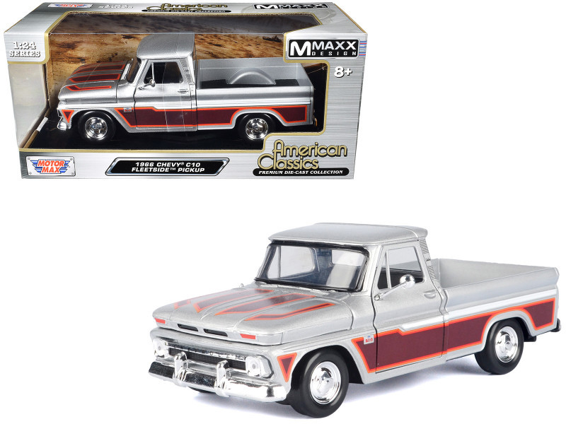 1966 Chevrolet C10 Fleetside Pickup Truck Silver Metallic with Brown Sides with Camper Shell "American Classics" Series 1/24 Diecast Model Car by Motormax