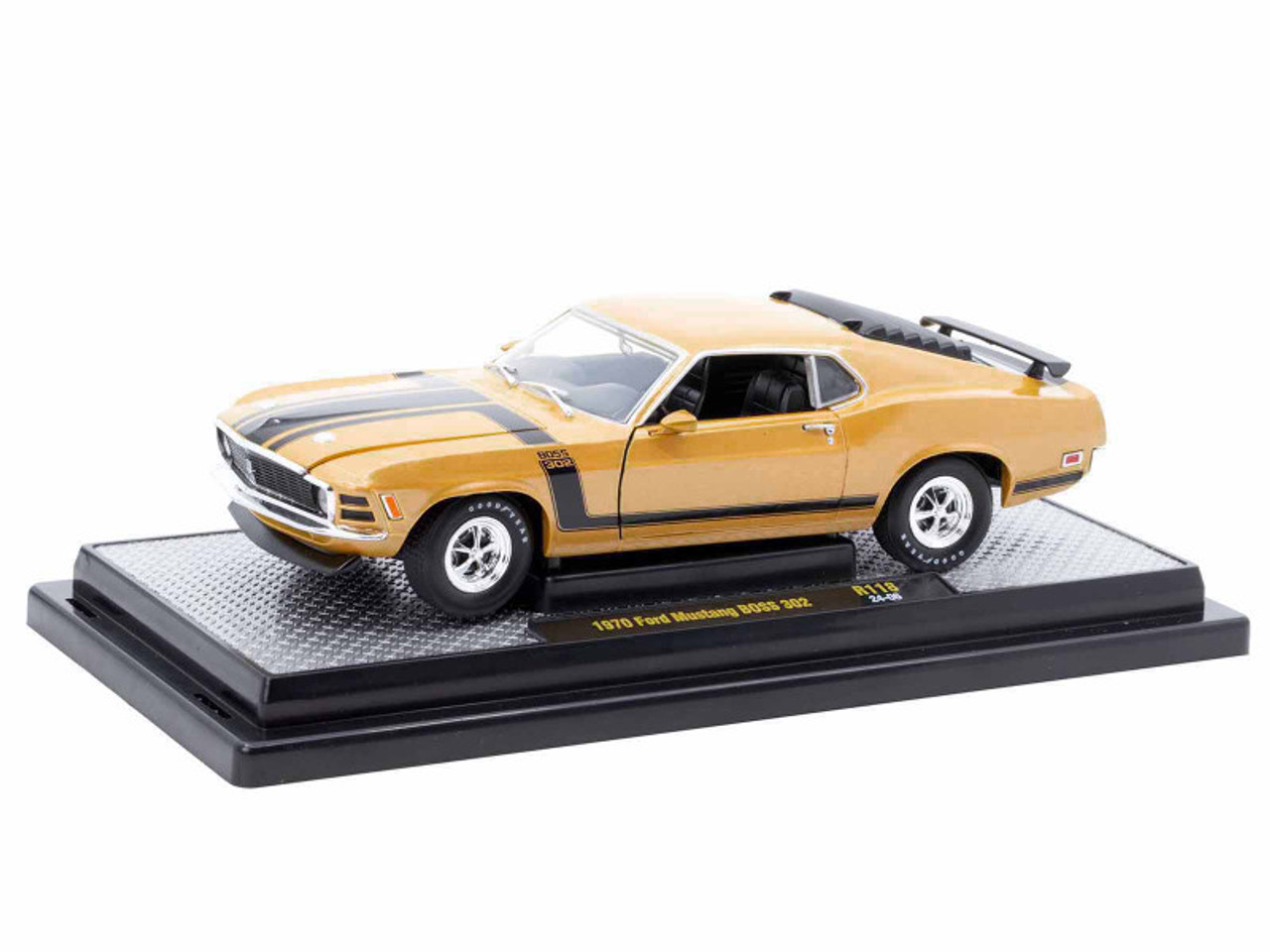 1970 Ford Mustang BOSS 302 Gold Metallic with Black Stripes Limited Edition  to 6250 pieces Worldwide 1/24 Diecast Model Car by M2 Machines