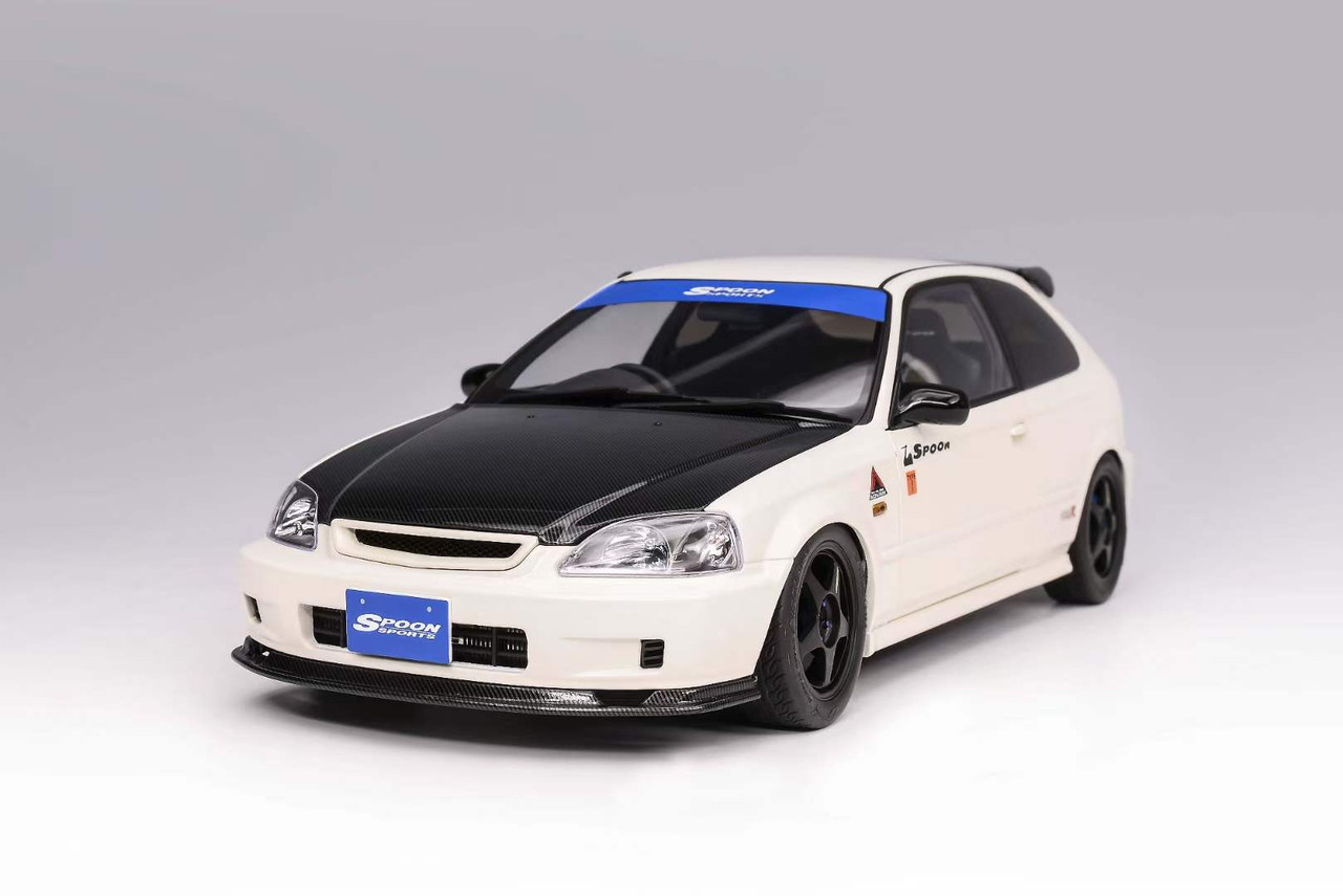 1/18 Motorhelix Honda Civic Type R (EK9) Spoon (White with Carbon Hood) Full Open Diecast Car Model with Extra Engine