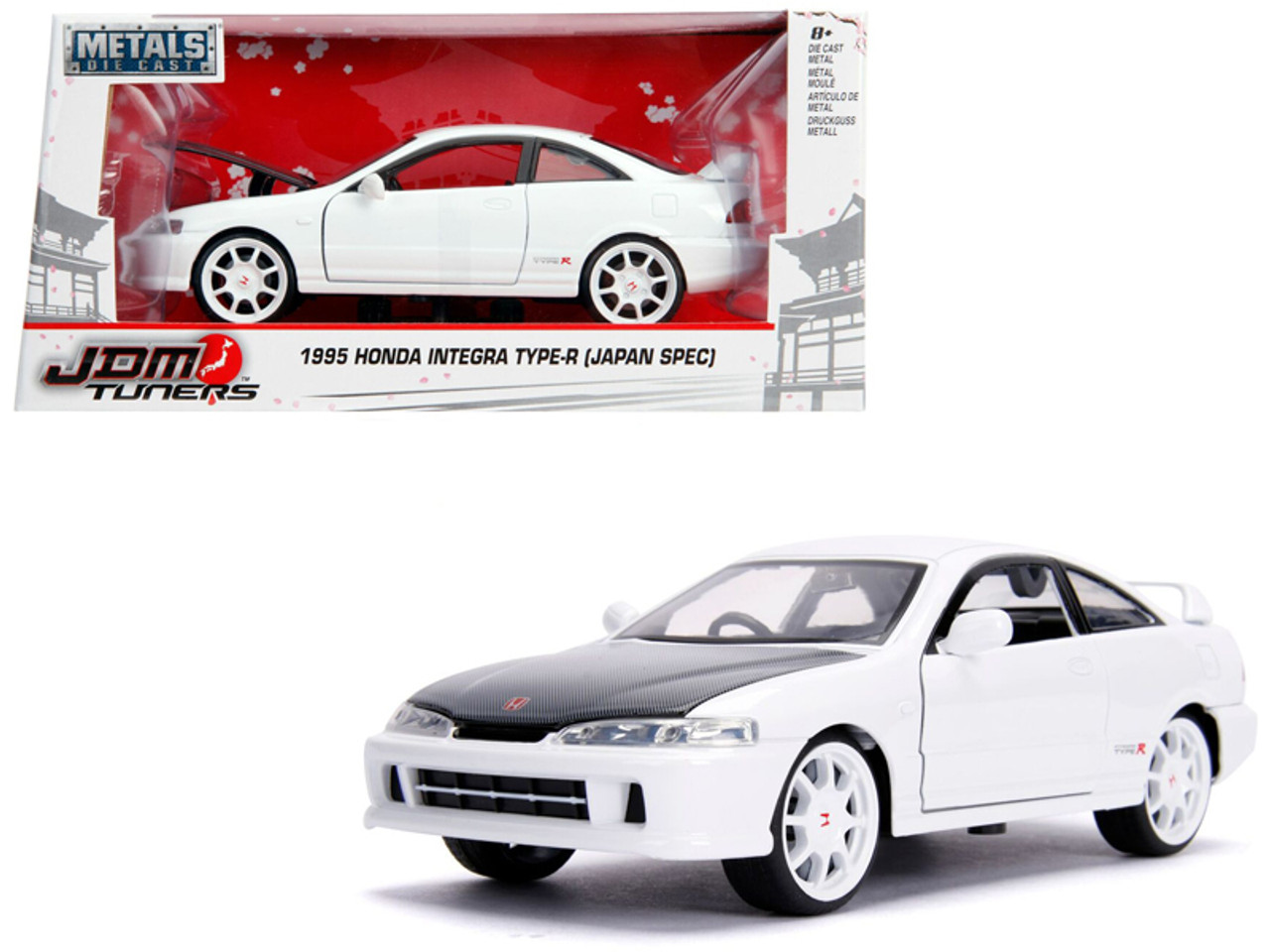 1/24 Jada 1995 Honda Integra Type-R "Japan Spec" RHD (Right Hand Drive) Glossy White with Carbon Hood and White Wheels "JDM Tuners" Diecast Car Model