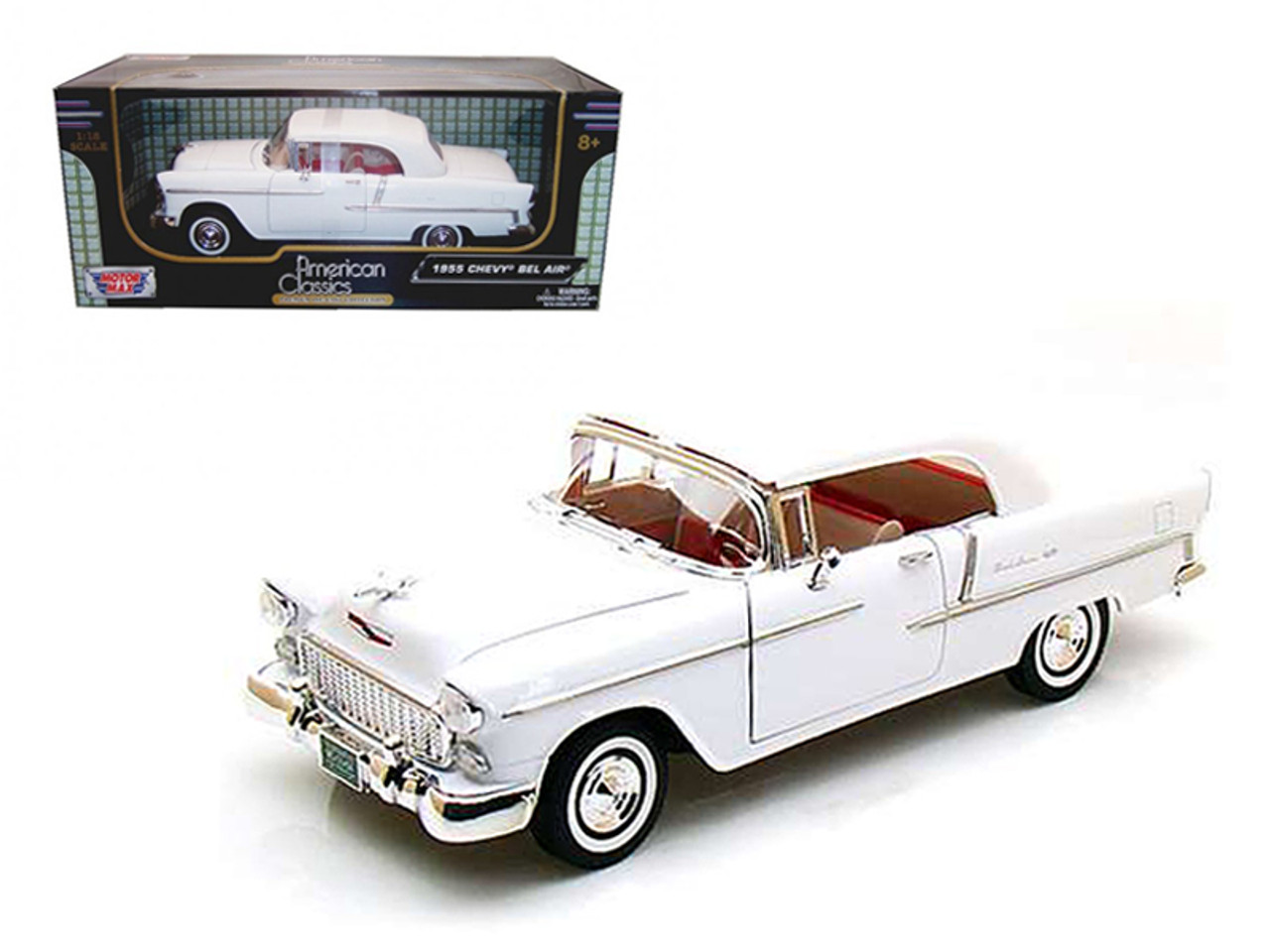 1/18 Motormax 1955 Chevrolet Bel Air Convertible Soft Top White Diecast Car Model