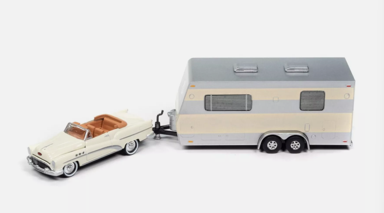 1/64 Johnny Lightning 1953 Buick Super with Travel Trailer (Cream White) Diecast Models