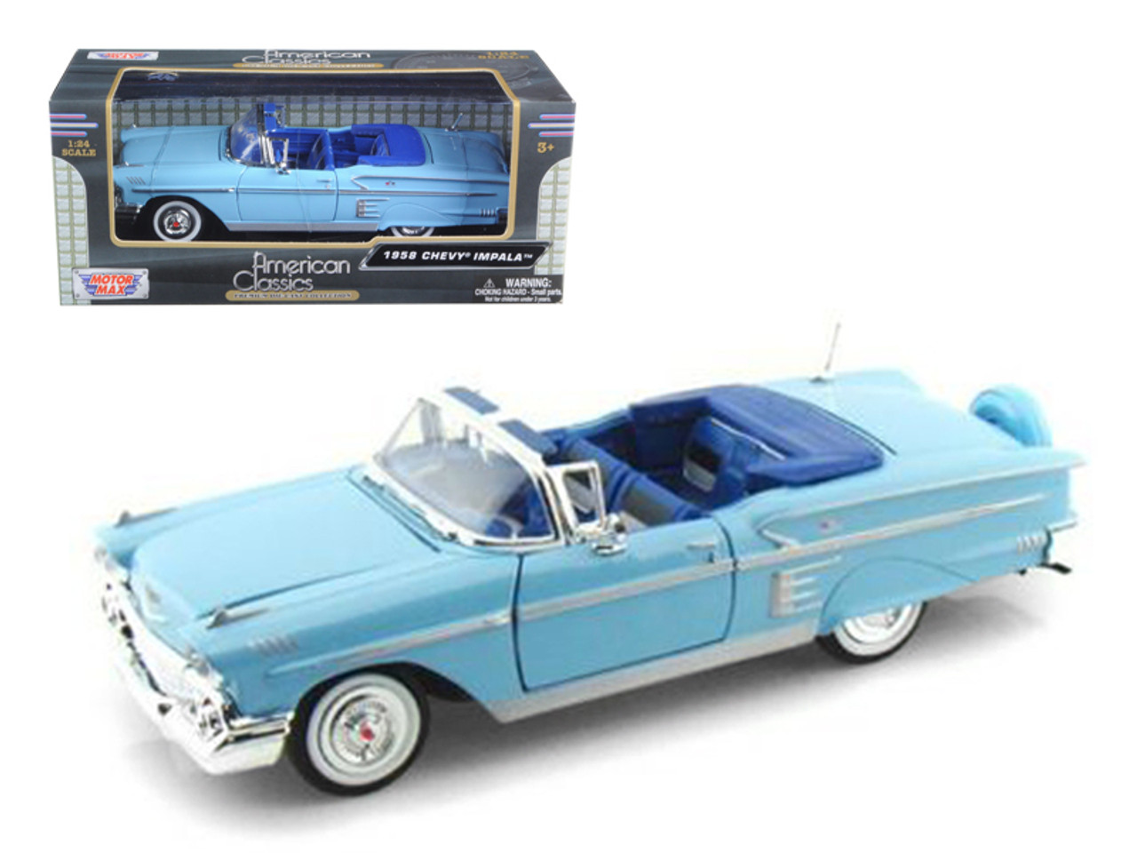 1/24 Motormax 1958 Chevrolet Chevy Impala Blue Diecast Car Model