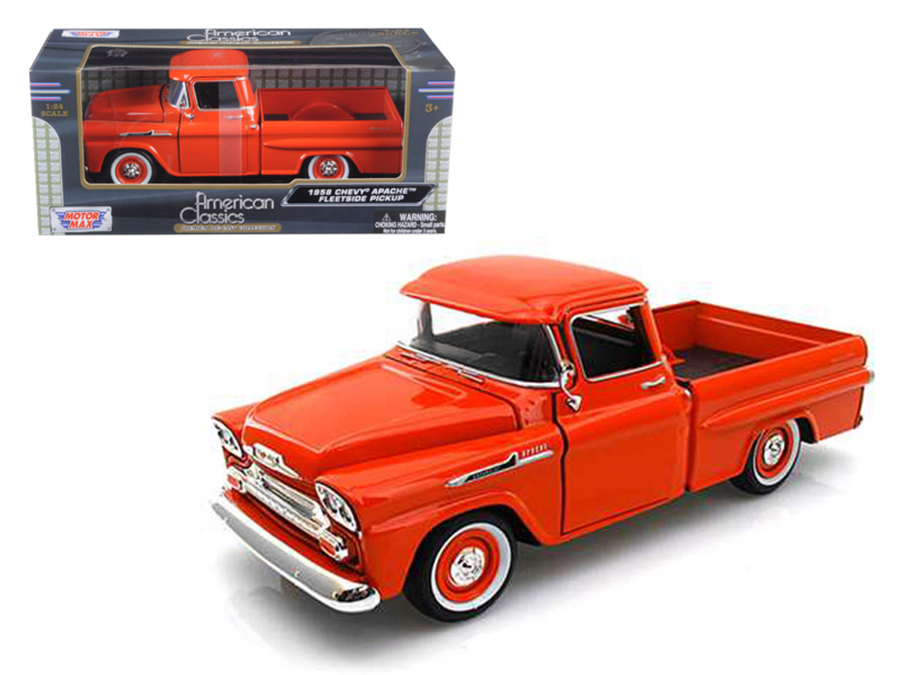 1/24 Motormax 1958 Chevrolet Chevy Apache Fleetside Pickup Truck Orange Diecast Car Model