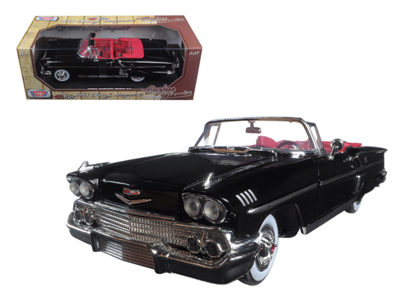 1/18 Motormax 1958 Chevrolet Chevy Impala Convertible Black with Red Interior "Timeless Classics" Diecast Car Model