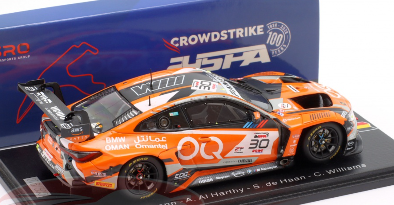 1/43 Spark BMW M4 GT3 No.30 OQ by Oman Racing 24H Spa 2024 J. Klingmann – A. Al Harthy – S. de Haan – C. Williams Car Model