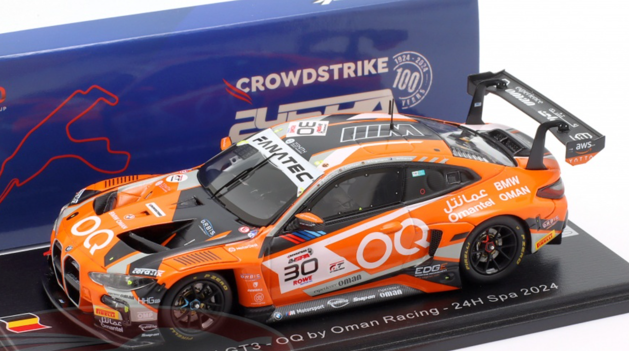 1/43 Spark BMW M4 GT3 No.30 OQ by Oman Racing 24H Spa 2024 J. Klingmann – A. Al Harthy – S. de Haan – C. Williams Car Model