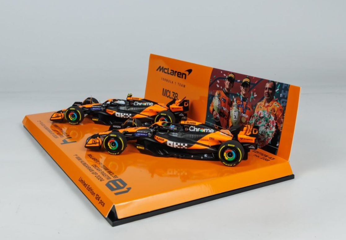 1/43 Minichamps 2-Car Set 2024 Formula 1 Mclaren MCL38 Oscar Piastri #81 Winner & Lando Norris #4 2nd Place Hungarian GP Car Model