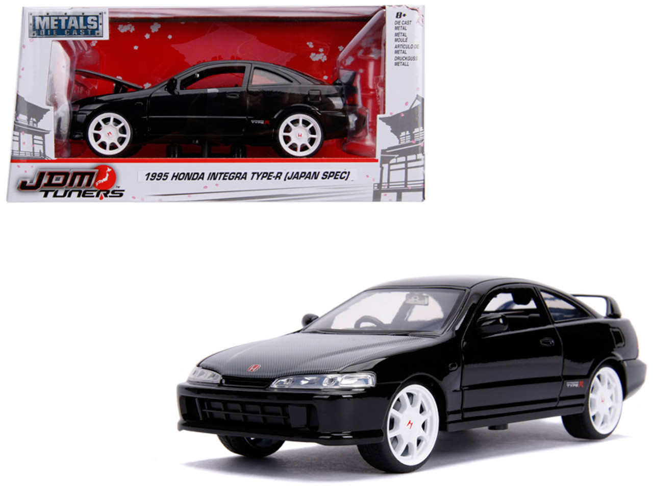 1995 Honda Integra Type-R "Japan Spec" RHD (Right Hand Drive) Glossy Black with Carbon Hood and White Wheels "JDM Tuners" 1/24 Diecast Model Car by Jada