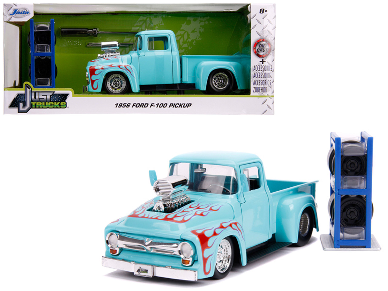 1956 Ford F-100 Pickup Truck Turquoise with Red Flames with Extra Wheels "Just Trucks" Series 1/24 Diecast Model Car by Jada