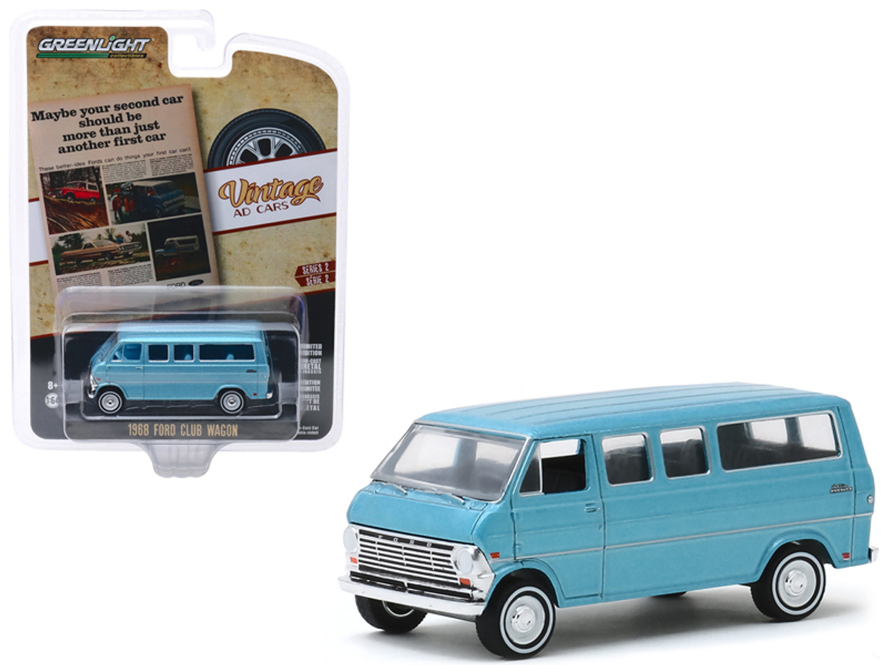 1968 Ford Club Wagon Van Light Blue "Maybe Your Second Car Should Be More Than Just Another First Car" "Vintage Ad Cars" Series 2 1/64 Diecast Model Car by Greenlight