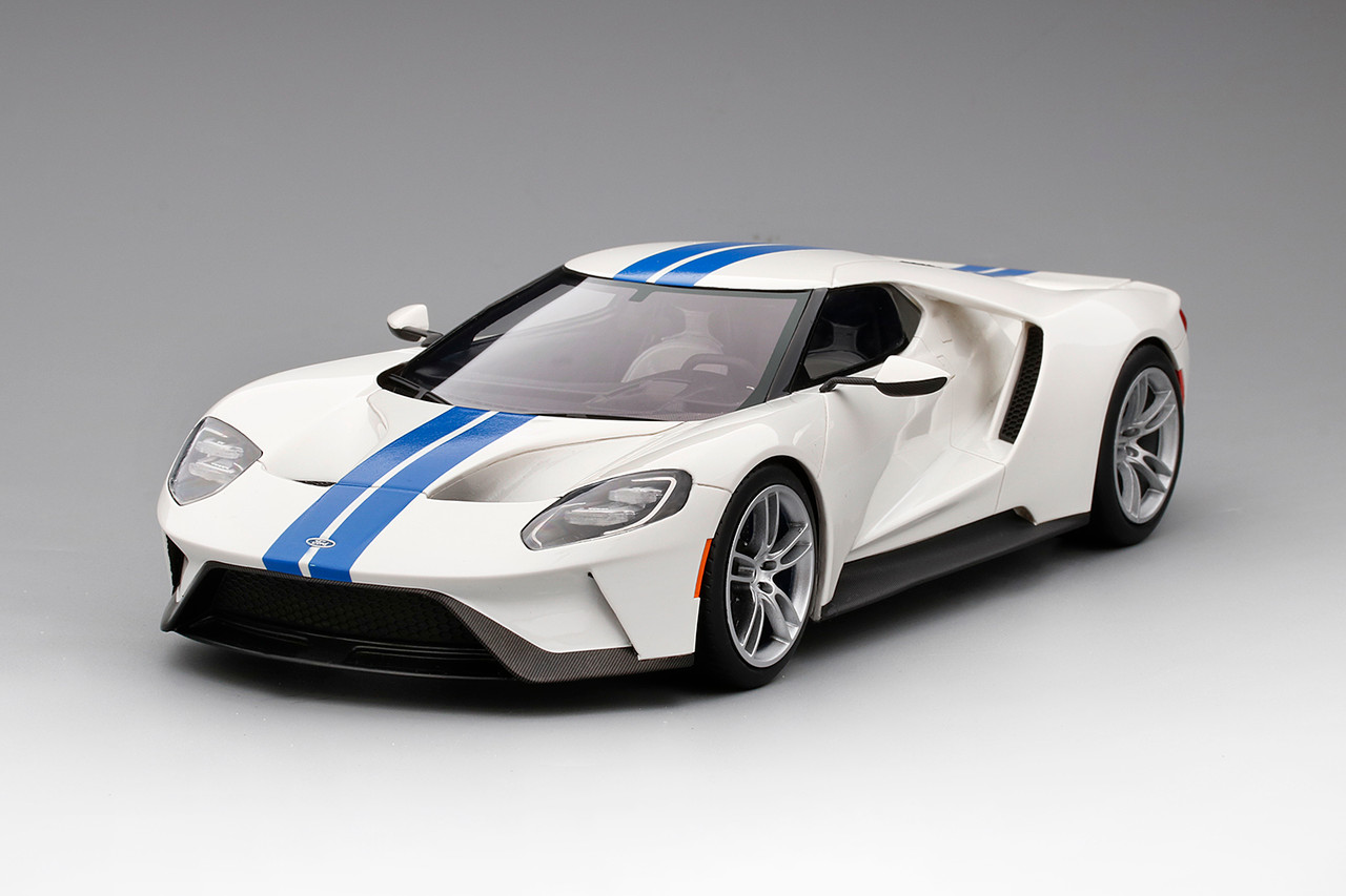 1/18 Top Speed Ford GT Frozen White w/ Lightning Blue Stripe Resin Car Model