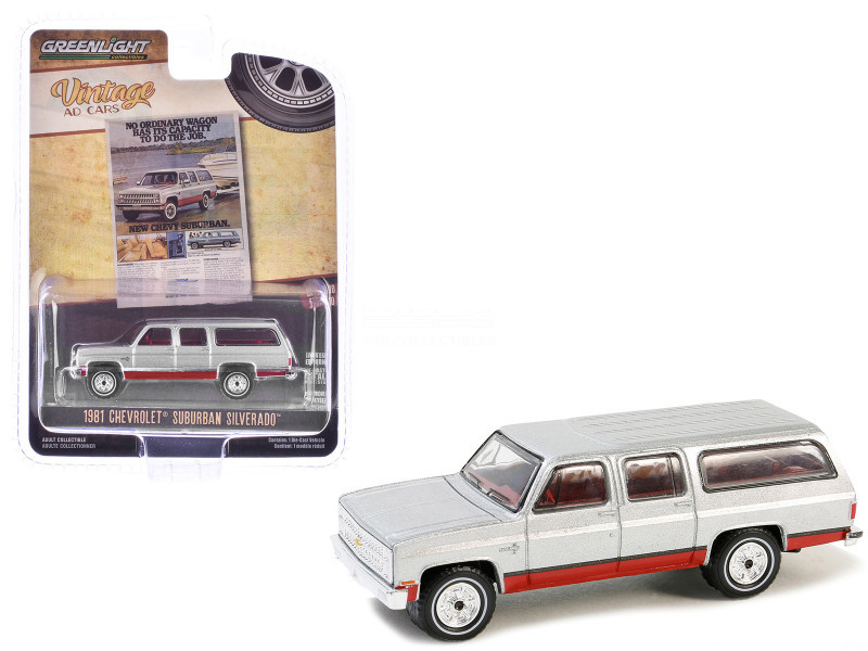 1/64 Greenlight 1981 Chevrolet Suburban (Silver Metallic & Red