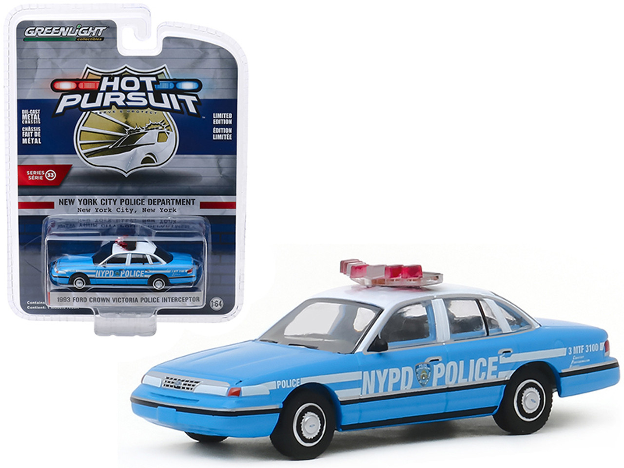 1993 Ford Crown Victoria Police Interceptor "New York City Police Dept" (NYPD) (New York City, New York) Light Blue with White Top "Hot Pursuit" Series 33 1/64 Diecast Model Car by Greenlight