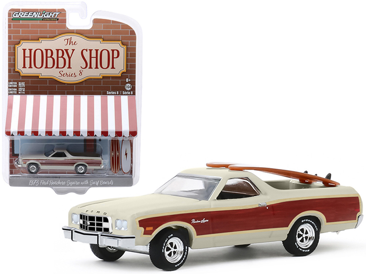 1973 Ford Ranchero Squire Beige with Woodgrain and Two Surfboards "The Hobby Shop" Series 8 1/64 Diecast Model Car by Greenlight