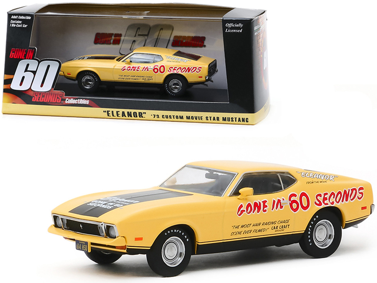 1973 Ford Mustang Mach 1 Custom Movie Star "Eleanor" Yellow with Black Stripe (Post-Filming Tribute Edition) "Gone in 60 Seconds" (1974) Movie 1/43 Diecast Model Car by Greenlight