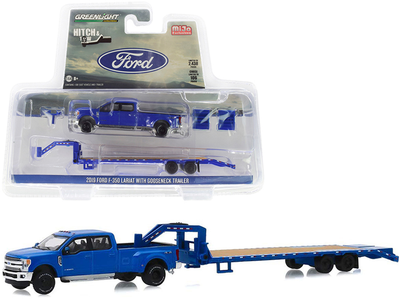 2019 Ford F-350 Lariat Pickup Truck with Gooseneck Trailer Blue "Hitch & Tow" Series Limited Edition to 2,438 pieces Worldwide 1/64 Diecast Model Car by Greenlight