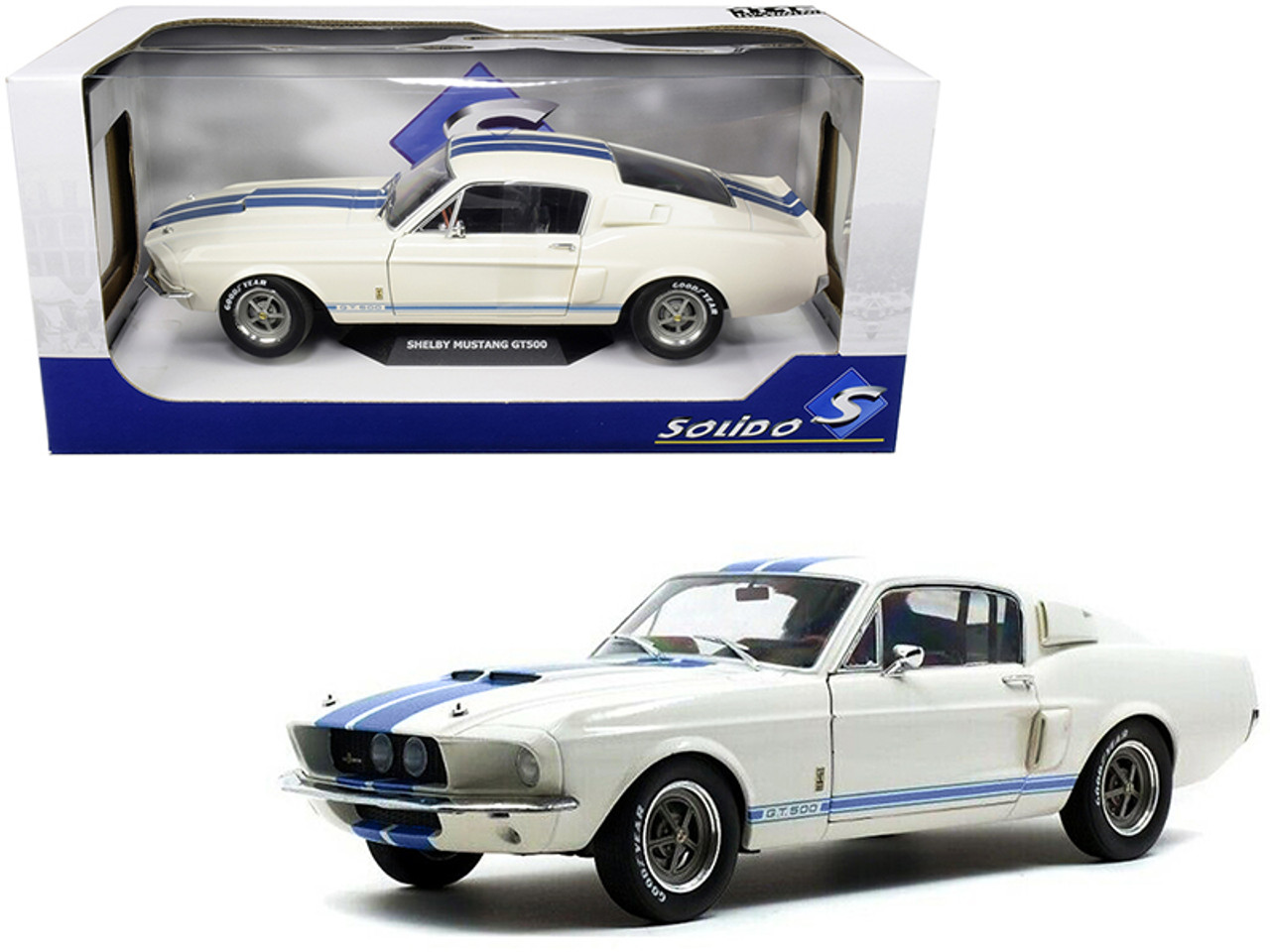 1967 Ford Mustang Shelby GT500 White with Light Blue Stripes 1/18 Diecast Model Car by Solido