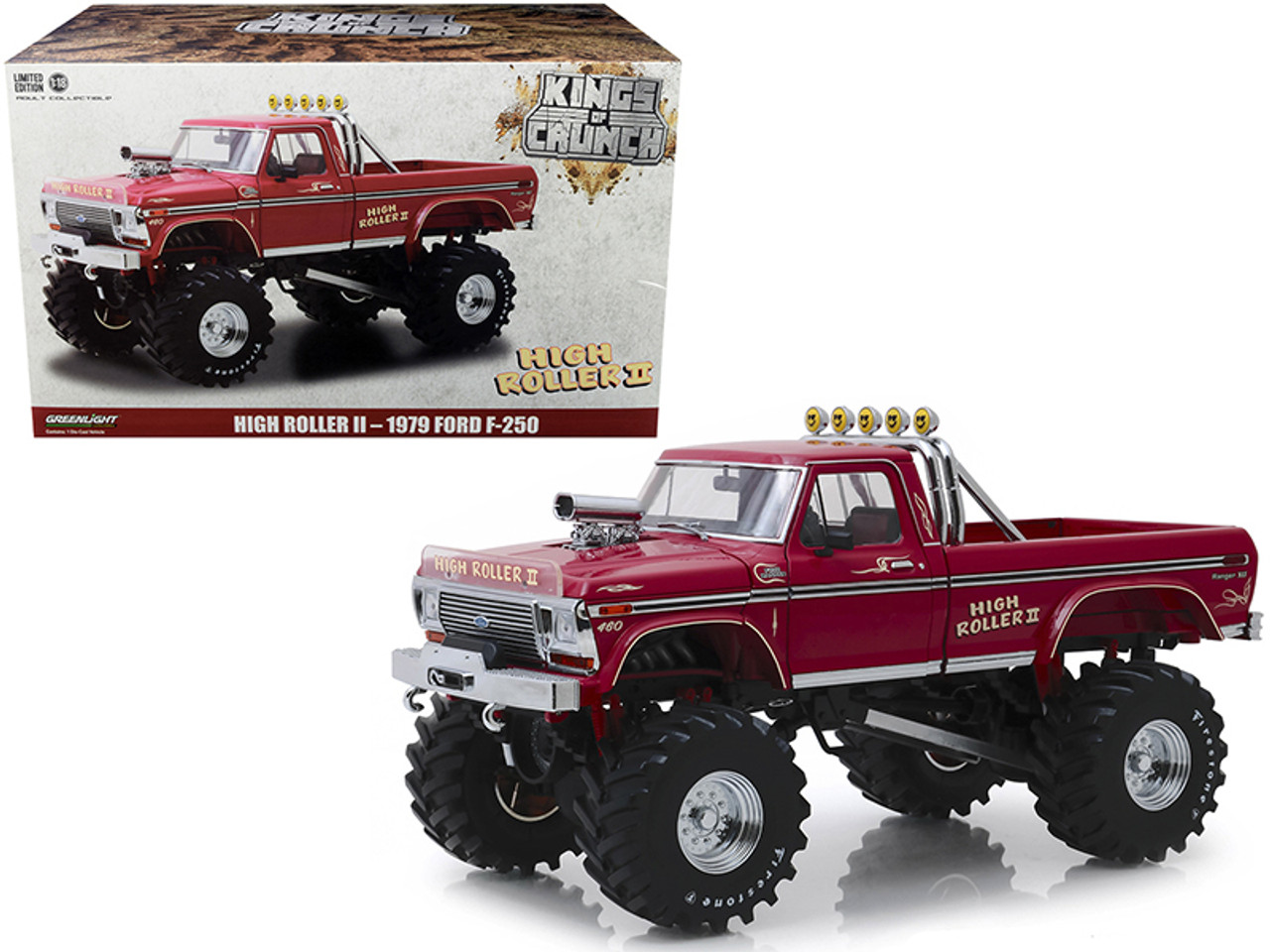 1979 Ford F-250 Ranger XLT Monster Truck "High Roller II" Burgundy with 48-Inch Tires "Kings of Crunch" 1/18 Diecast Model Car by Greenlight