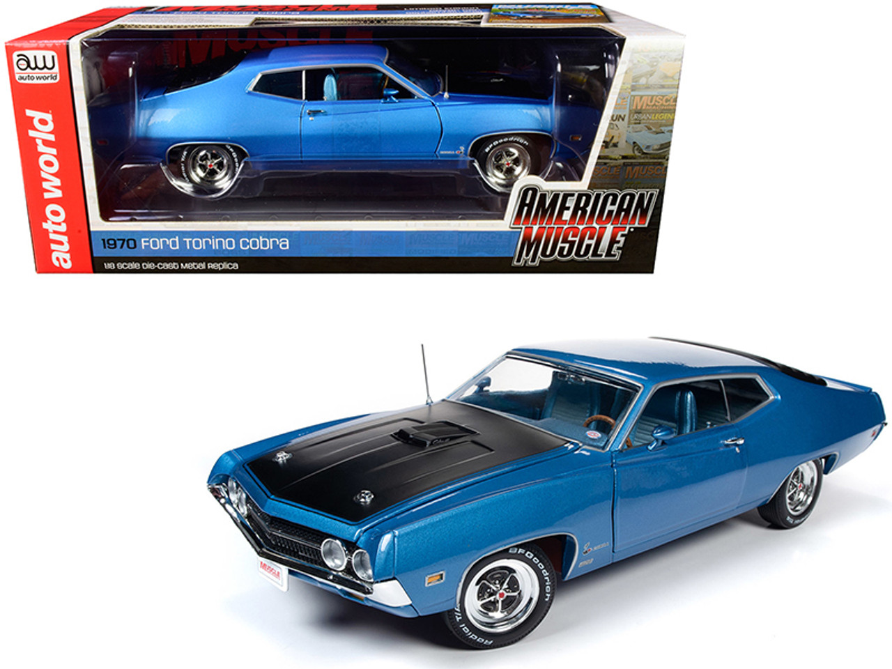 1/18 Auto World 1970 Ford Torino Cobra Medium Blue Metallic with Black Hood "Hemmings Muscle Machines" Magazine Cover Car (September 2018) Diecast Car Model