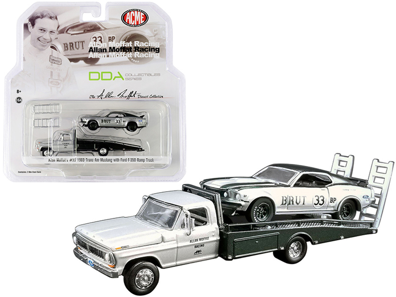 Ford F-350 Ramp Truck Metallic Silver and 1969 Ford Mustang Trans Am #33 "Brut" Metallic Silver and Metallic Green (Allan Moffat’s) "DDA Collectibles" Series "ACME Exclusive" 1/64 Diecast Model Cars by Greenlight for ACME