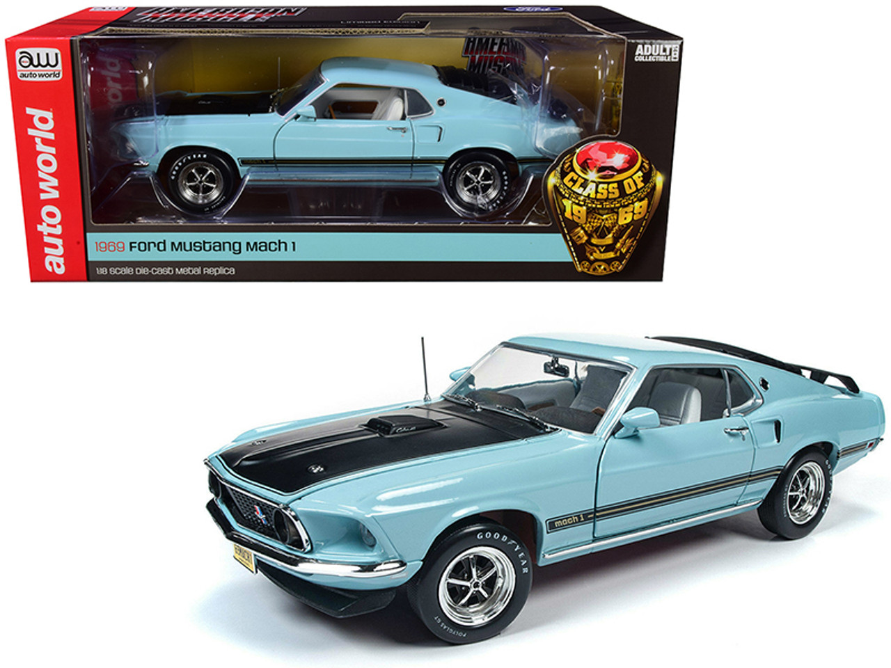 1969 Ford Mustang Mach 1 Aztec Aqua Light Blue with Black Hood