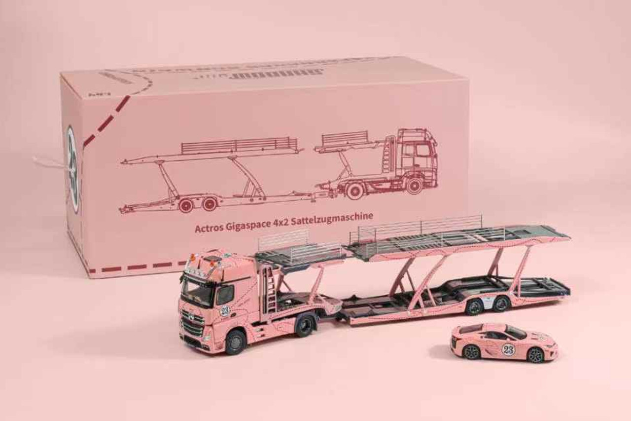1/64 Shadow Pro Mercedes-Benz Actros Double Level Trailer with Lexus LFA #23 Pink Pig Diecast Car Model