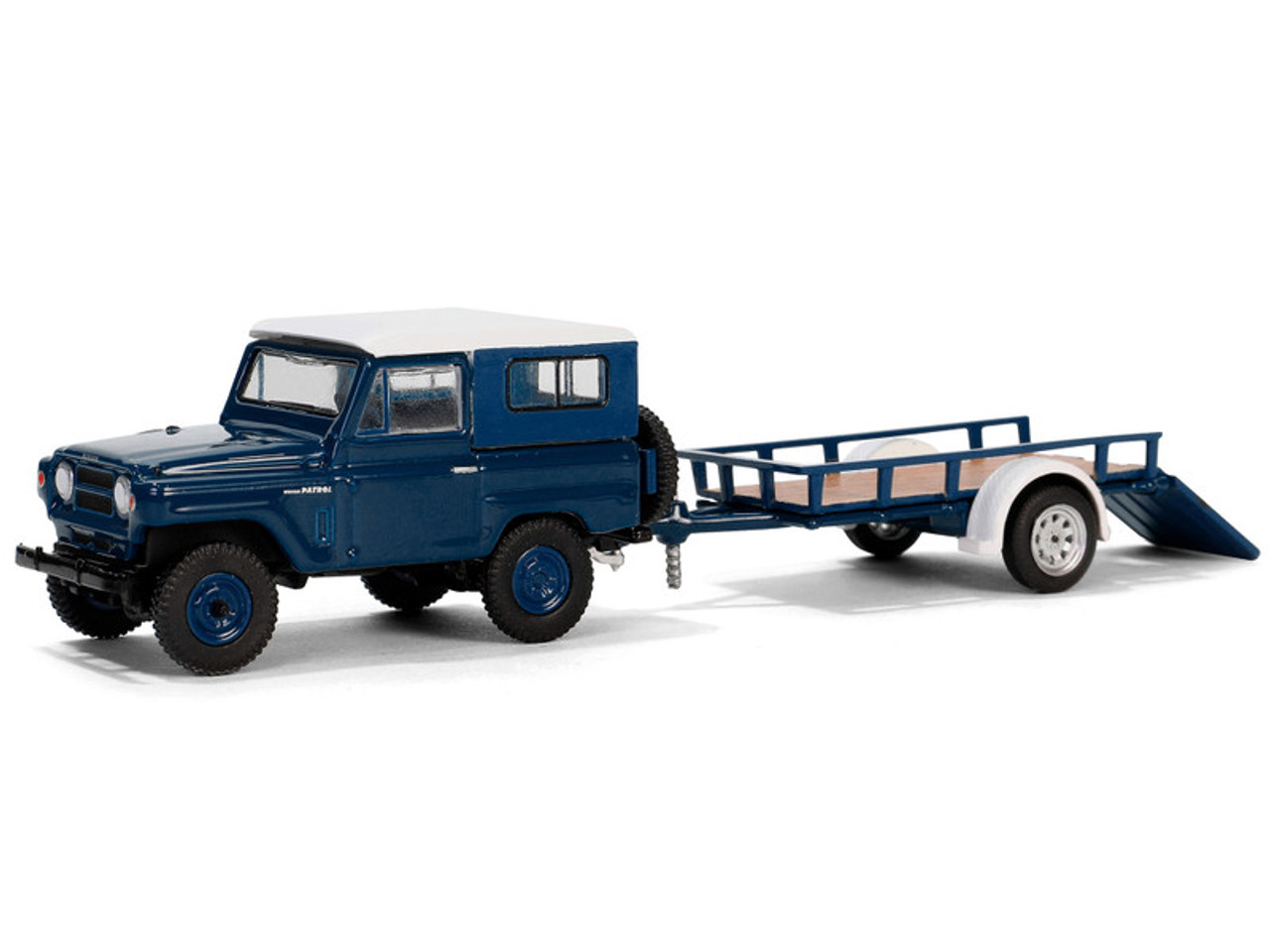 1961 Nissan Patrol Blue with White Top and Utility Trailer