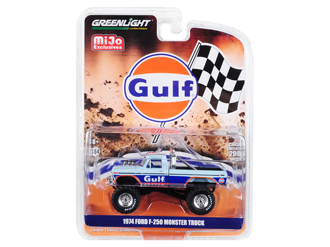 1974 Ford F-250 Monster Truck "Gulf" Blue with Orange Stripes Limited Edition to 4,600 pieces Worldwide 1/64 Diecast Model Car by Greenlight