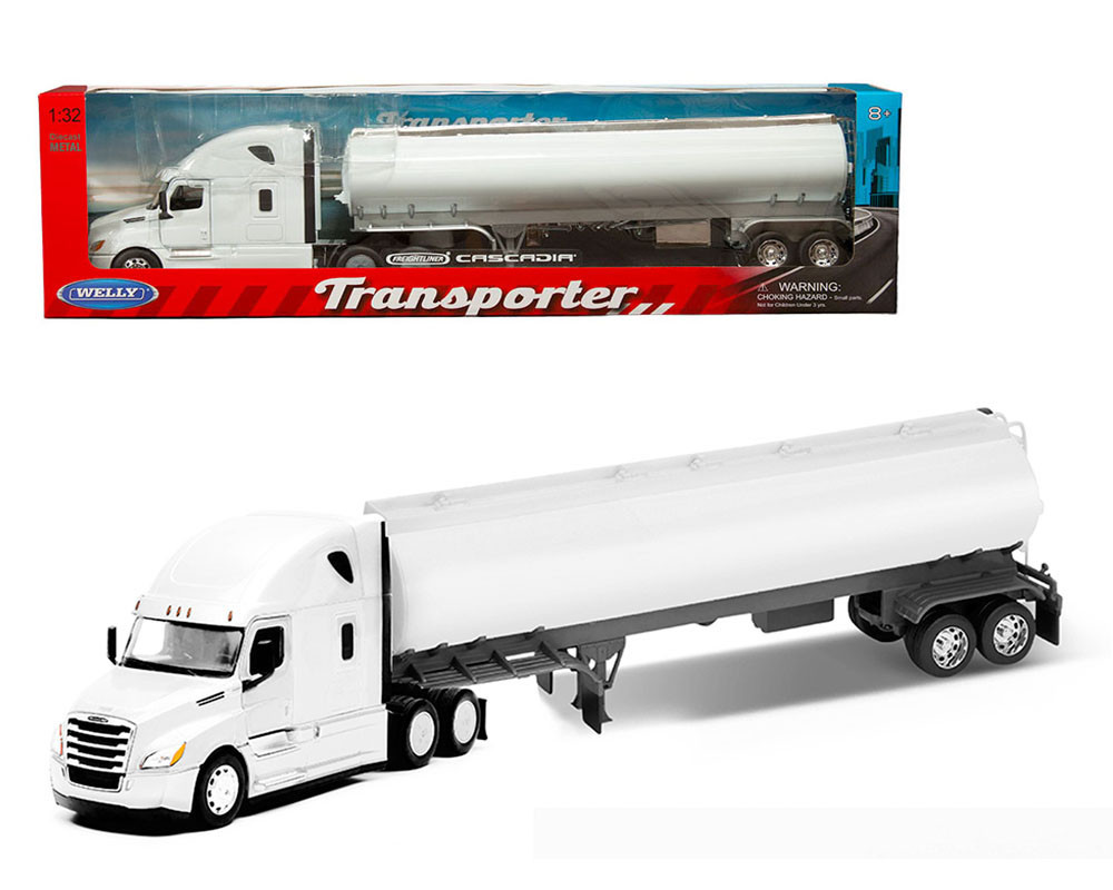1/32 Welly Freightliner Cascadia Truck White with White Tanker Trailer "Transporter" Series Diecast Car Model