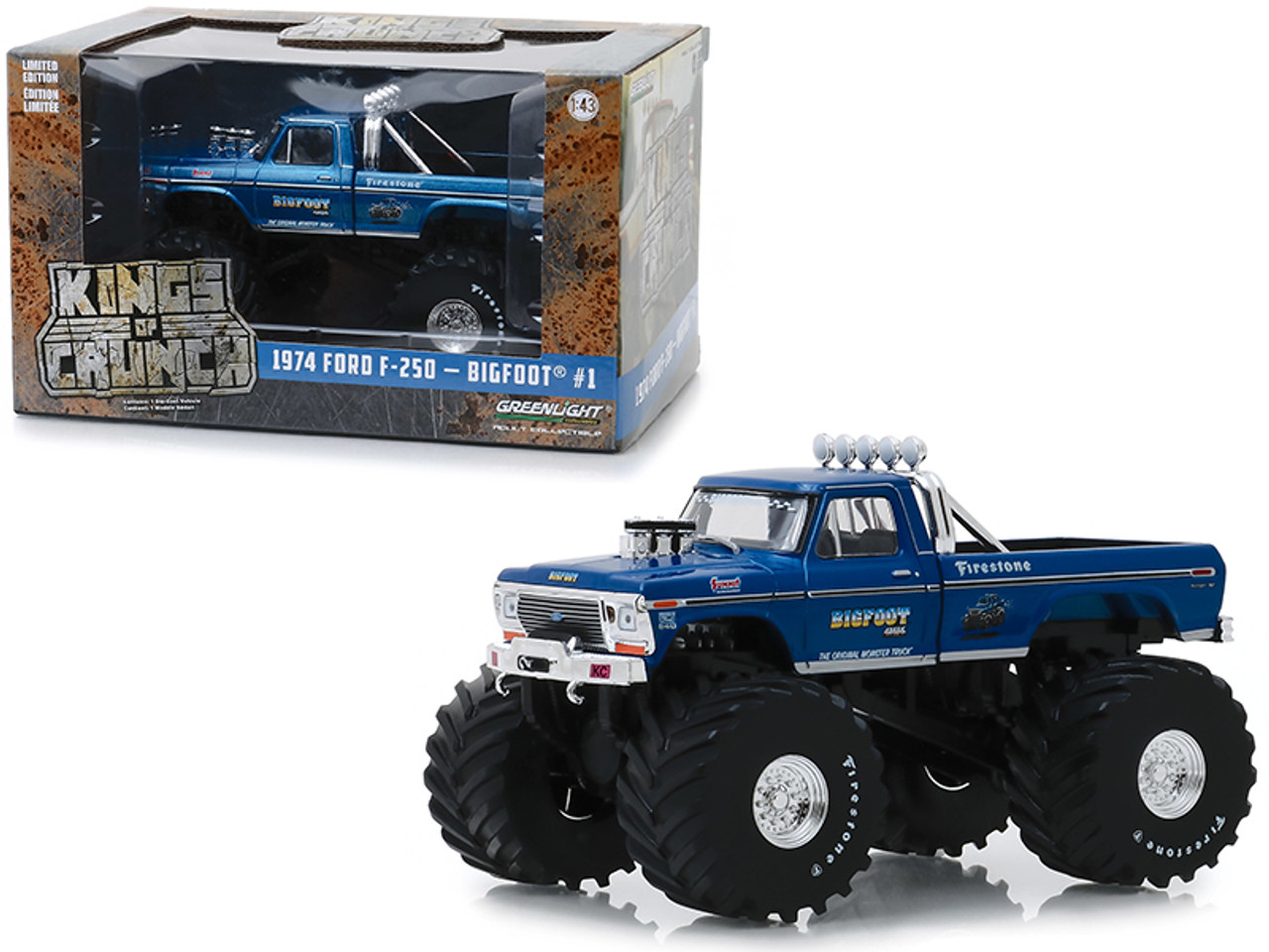 1974 Ford F-250 Monster Truck Bigfoot #1 Blue with 66-Inch Tires "Kings of Crunch" 1/43 Diecast Model Car by Greenlight