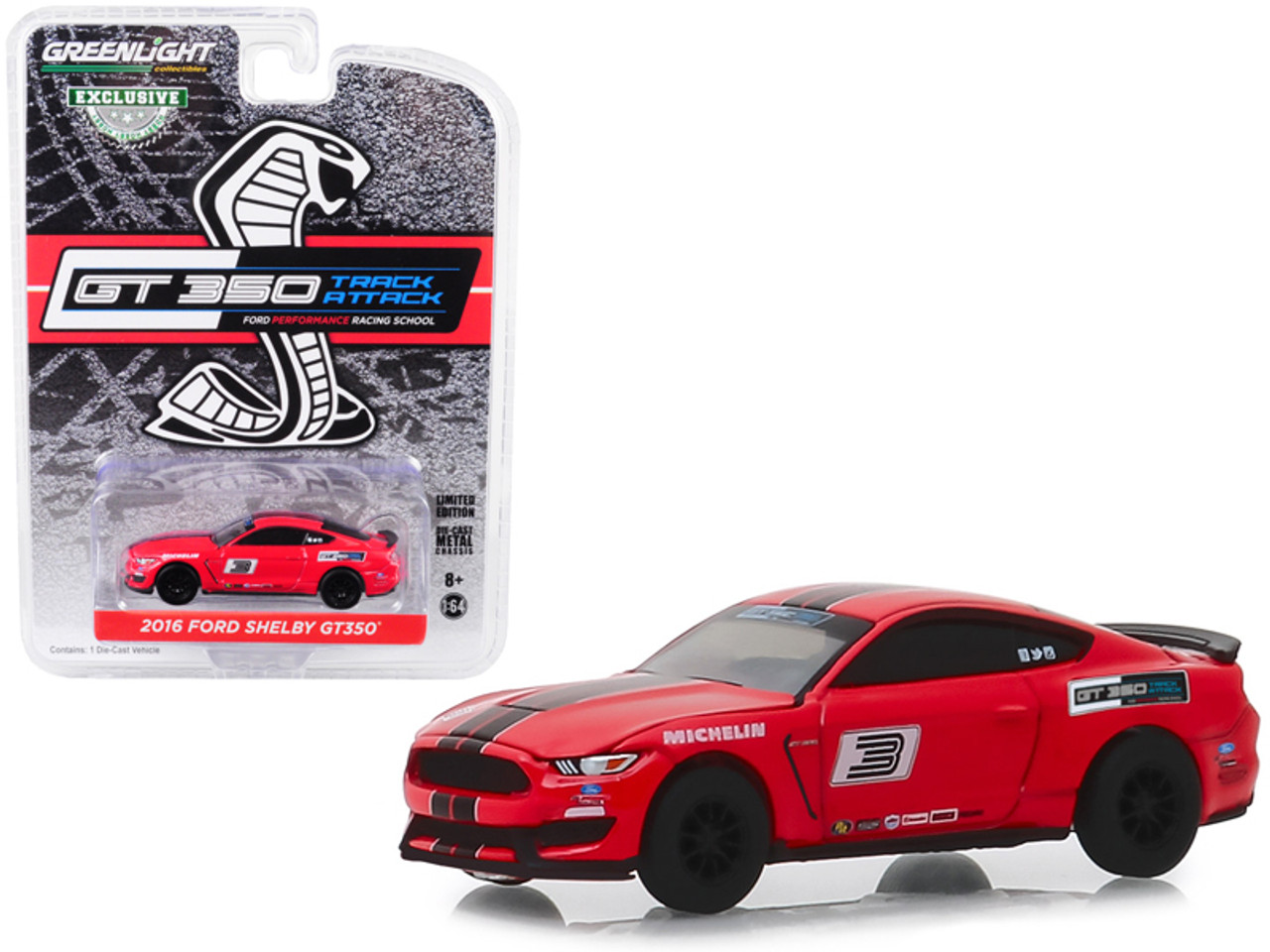 2016 Ford Mustang Shelby GT350 #3 Race Red with Black Stripes "Ford Performance Racing School" GT350 Track Attack "Hobby Exclusive" 1/64 Diecast Model Car by Greenlight
