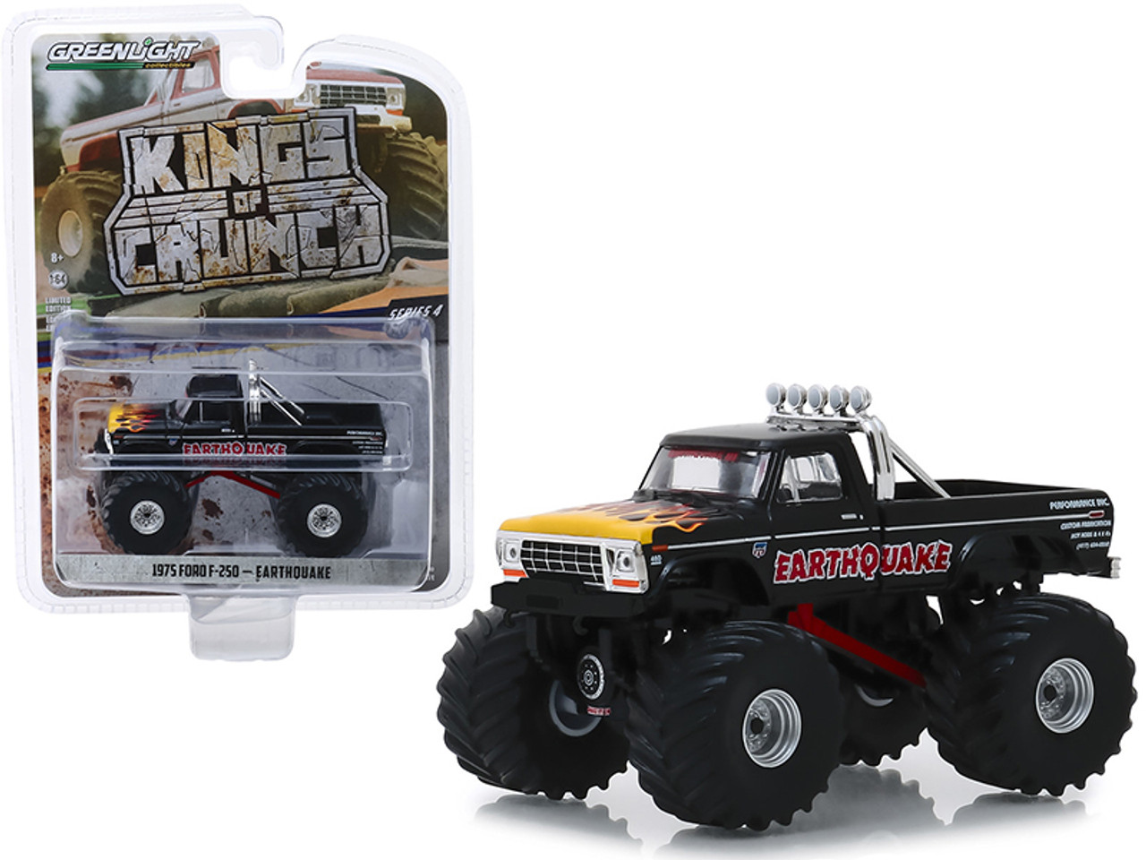 1975 Ford F-250 Monster Truck "Earthquake" Black with Flames "Kings of Crunch" Series 4 1/64 Diecast Model Car by Greenlight