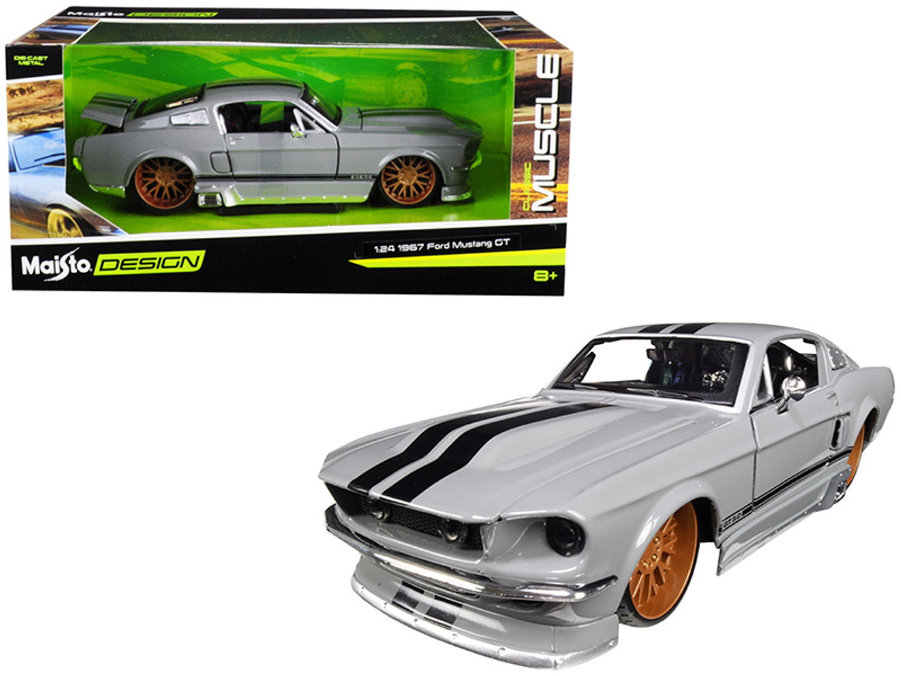 1967 Ford Mustang GT 5.0 Gray with Black Stripes "Classic Muscle" 1/24 Diecast Model Car by Maisto