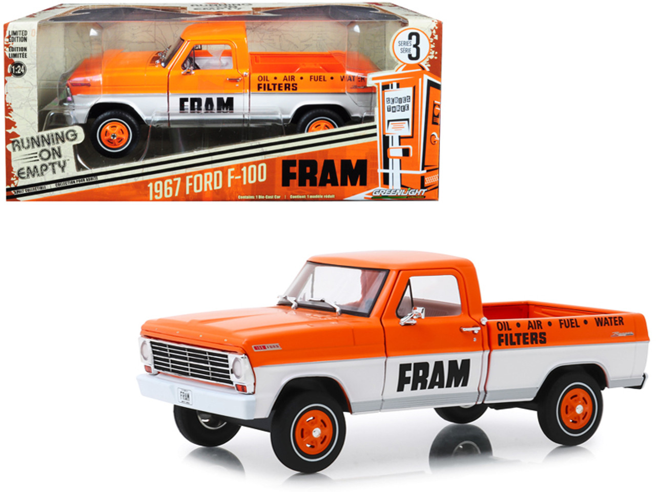 1967 Ford F-100 Pickup Truck Orange and White "FRAM Oil Filters" "Running on Empty" Series 3 1/24 Diecast Model Car by Greenlight