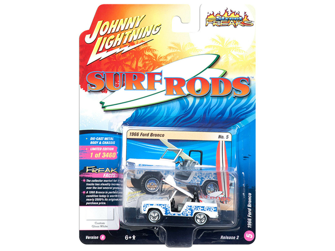 1966 Ford Bronco with Surf Board White and Blue Designs "Street Freaks" Limited Edition to 3,460 pieces Worldwide 1/64 Diecast Model Car by Johnny Lightning