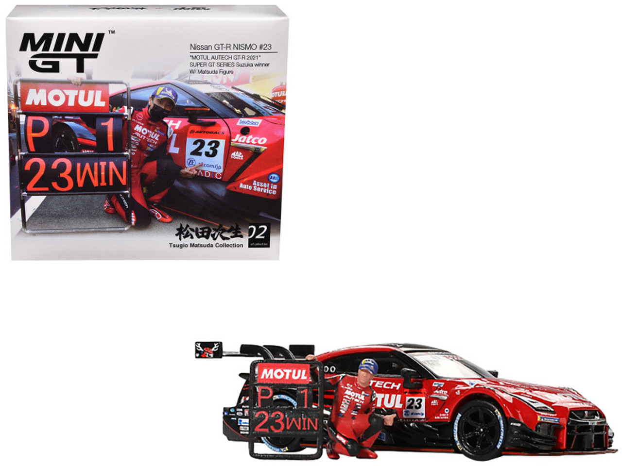 1/64 Mini GT Nissan GT-R NISMO #23 "MOTUL AUTECH GT-R 2021" SUPER GT SERIES Suzuka Winner Diecast Car Model with Matsuda Figure