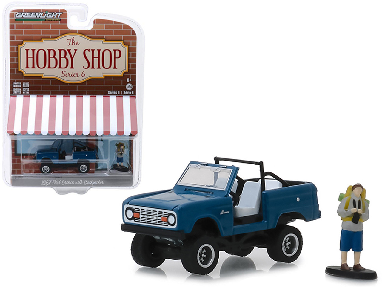 1967 Ford Bronco Dark Blue (Doors Removed) with Backpacker Figure "The Hobby Shop" Series 6 1/64 Diecast Model Car by Greenlight