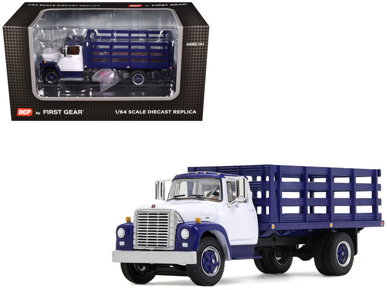 1/64 First Gear 1970s International Loadstar Stake Truck (Navy Blue & White) Diecast Car Model