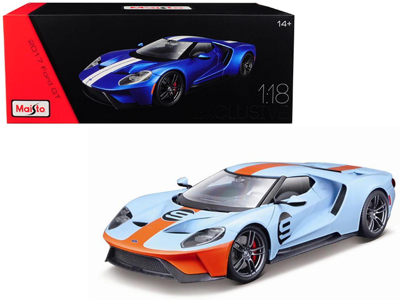 2017 Ford GT #9 Light Blue with Orange Stripe "Exclusive Edition" 1/18 Diecast Model Car by Maisto