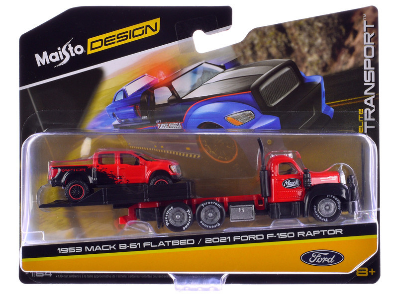プローフ 1953 Mack B-61 Flatbed Truck Red with Black and 2021 Ford F-150
