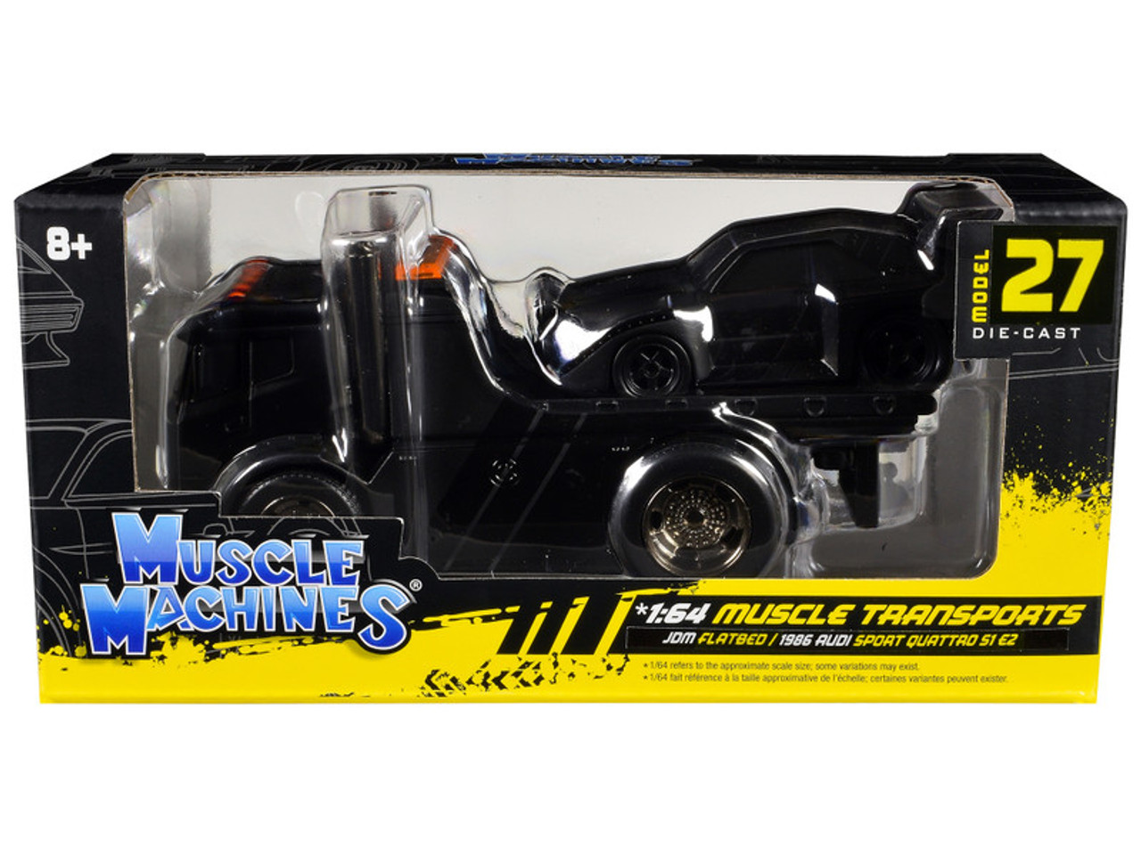 JDM Flatbed Truck Matt Black and 1986 Audi Sport Quattro S1 E2 Matt Black "Muscle Transports" Series 1/64 Diecast Models by Muscle Machines