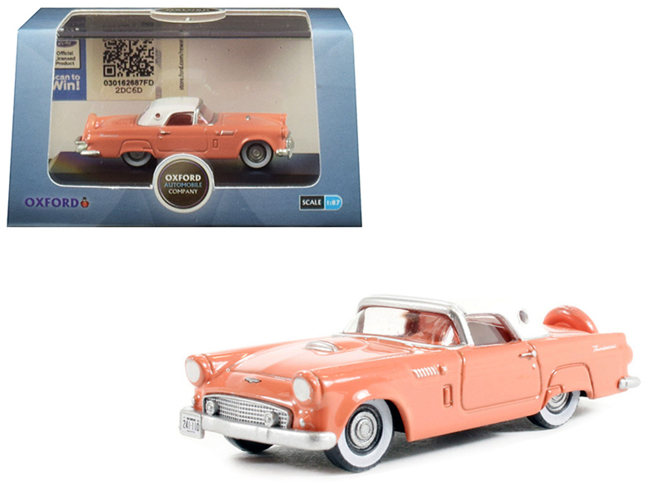 1956 Ford Thunderbird Sunset Coral with Colonial White Top 1/87 (HO) Scale Diecast Model Car by Oxford Diecast