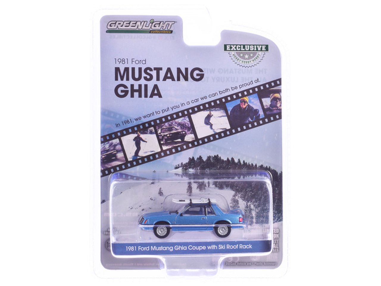 1981 Ford Mustang Ghia Coupe Blue Glow Metallic with Ski Roof Rack "Hobby Exclusive" Series 1/64 Diecast Model Car by Greenlight