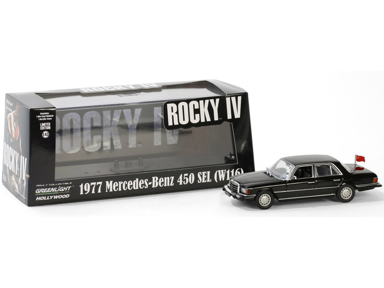 1977 Mercedes-Benz 450 SEL (W116) Black with Soviet Flag "Rocky IV" (1985) Movie 1/43 Diecast Model Car by Greenlight 1977 Mercedes-Benz 450 SEL (W116) Black with Soviet Flag "Rocky IV" (1985) Movie 1/43 Diecast Model Car by Greenlight