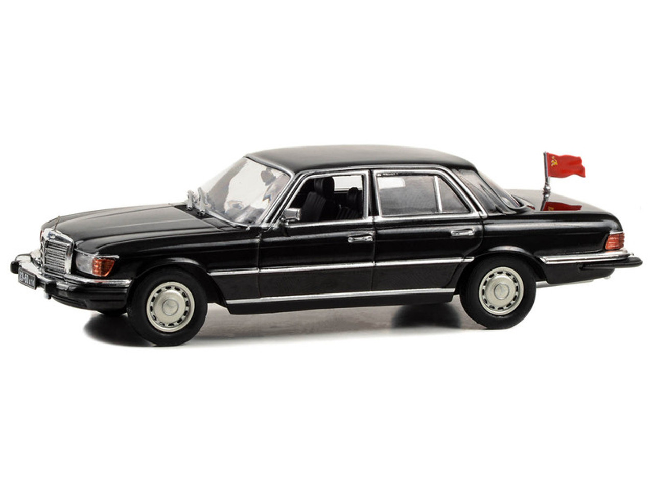 1977 Mercedes-Benz 450 SEL (W116) Black with Soviet Flag "Rocky IV" (1985) Movie 1/43 Diecast Model Car by Greenlight 1977 Mercedes-Benz 450 SEL (W116) Black with Soviet Flag "Rocky IV" (1985) Movie 1/43 Diecast Model Car by Greenlight