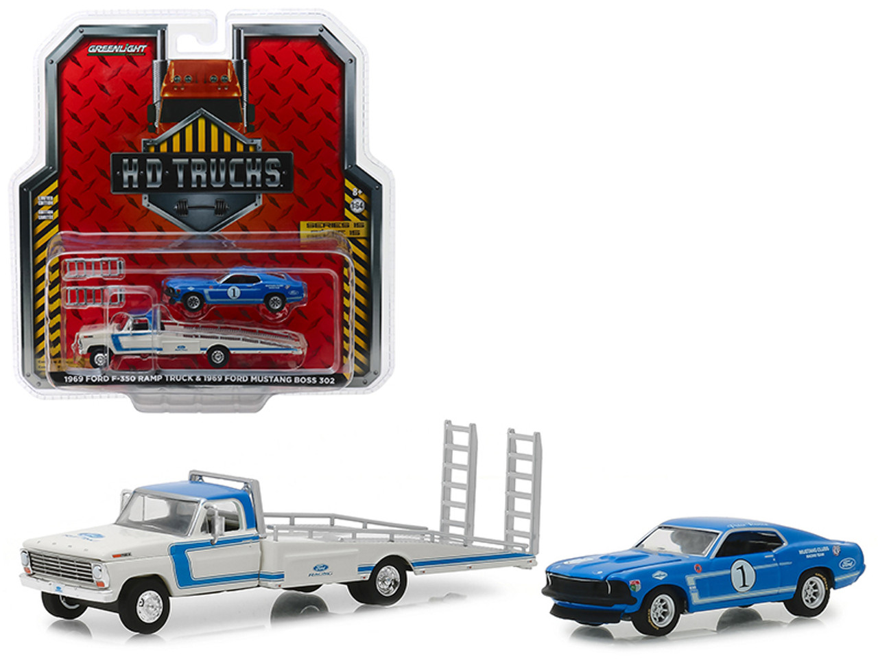 1969 Ford F-350 Ramp Truck "Ford Racing" White and Blue with 1969 Ford Mustang Boss 302 #1 "Mustang Clubs Racing Team" Blue "H.D. Trucks" Series 15 1/64 Diecast Model Cars by Greenlight