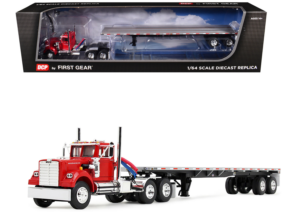 1/64 First Gear Western Star Day Cab (Viper Red) with 48’ Utility Flatbed Trailer Diecast Car Model