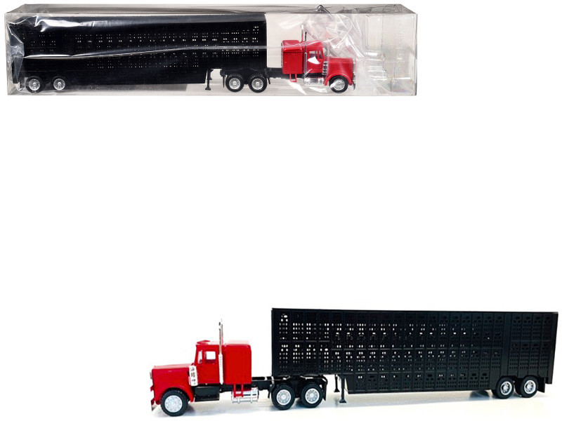 Peterbilt with Sleeper Cab Red with Black Livestock Trailer 1/87